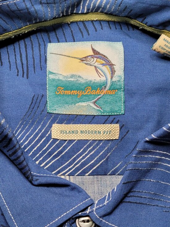 Tommy Bahama Silk Button Up Blue Palm Leaf Print Camp Shirt Mens Size Large - Picture 6 of 11